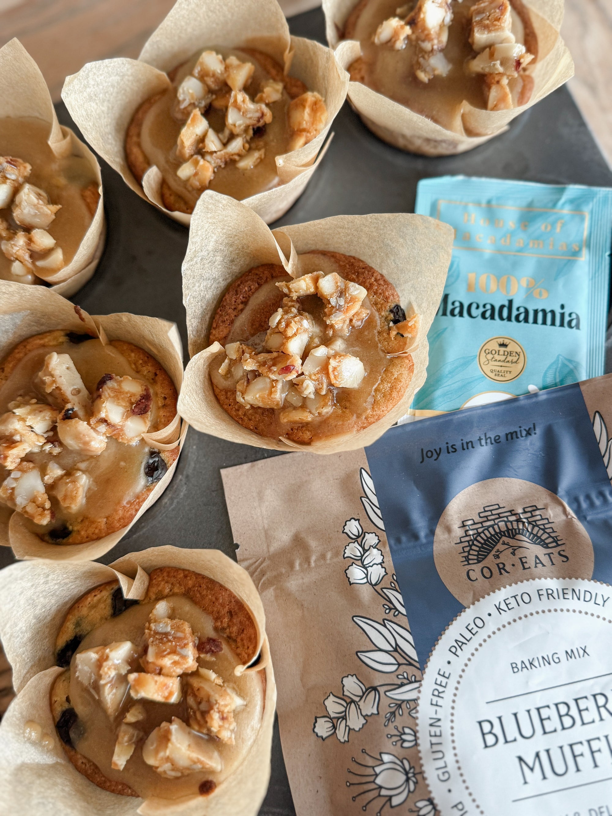 *Keto, Blueberry Macadamia Muffins with Lemon Macadamia Drizzle